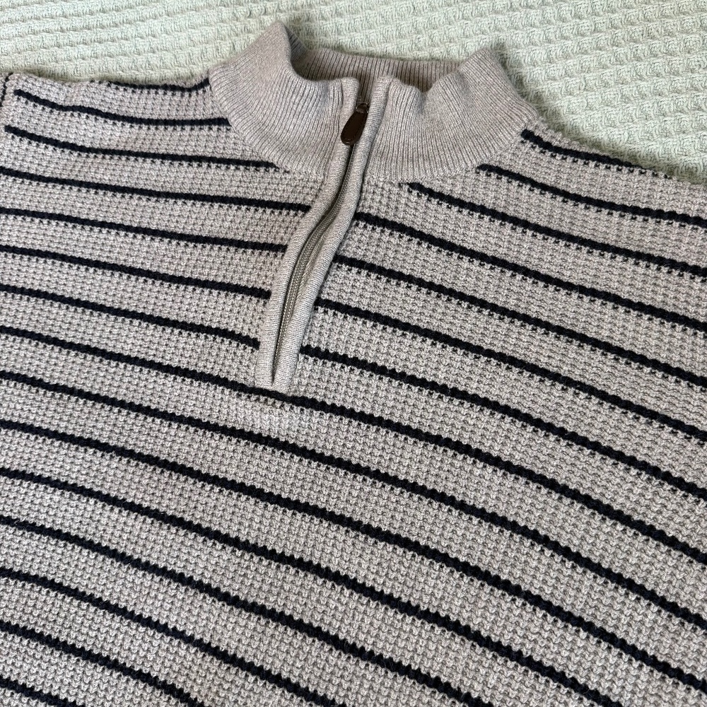 LL Bean 1/4 Zip Waffle Sweater Mens XXL Tall Gray Navy Blue Cotton Cashmere